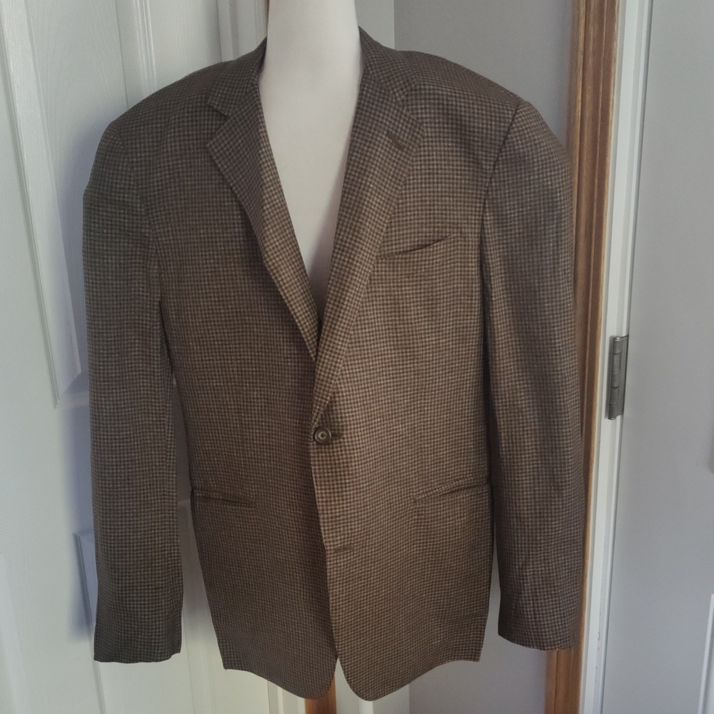 Raffeale Caruso Houndstooth Wool And Linen Blazer Italian Size 54 Brown
